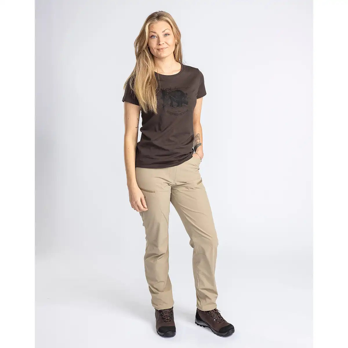 Pinewood InsectSafe Women's Hiking Trousers- Light Khaki- on model Pinewood InsectSafe Women's Hiking Trousers- Light Khaki- on model