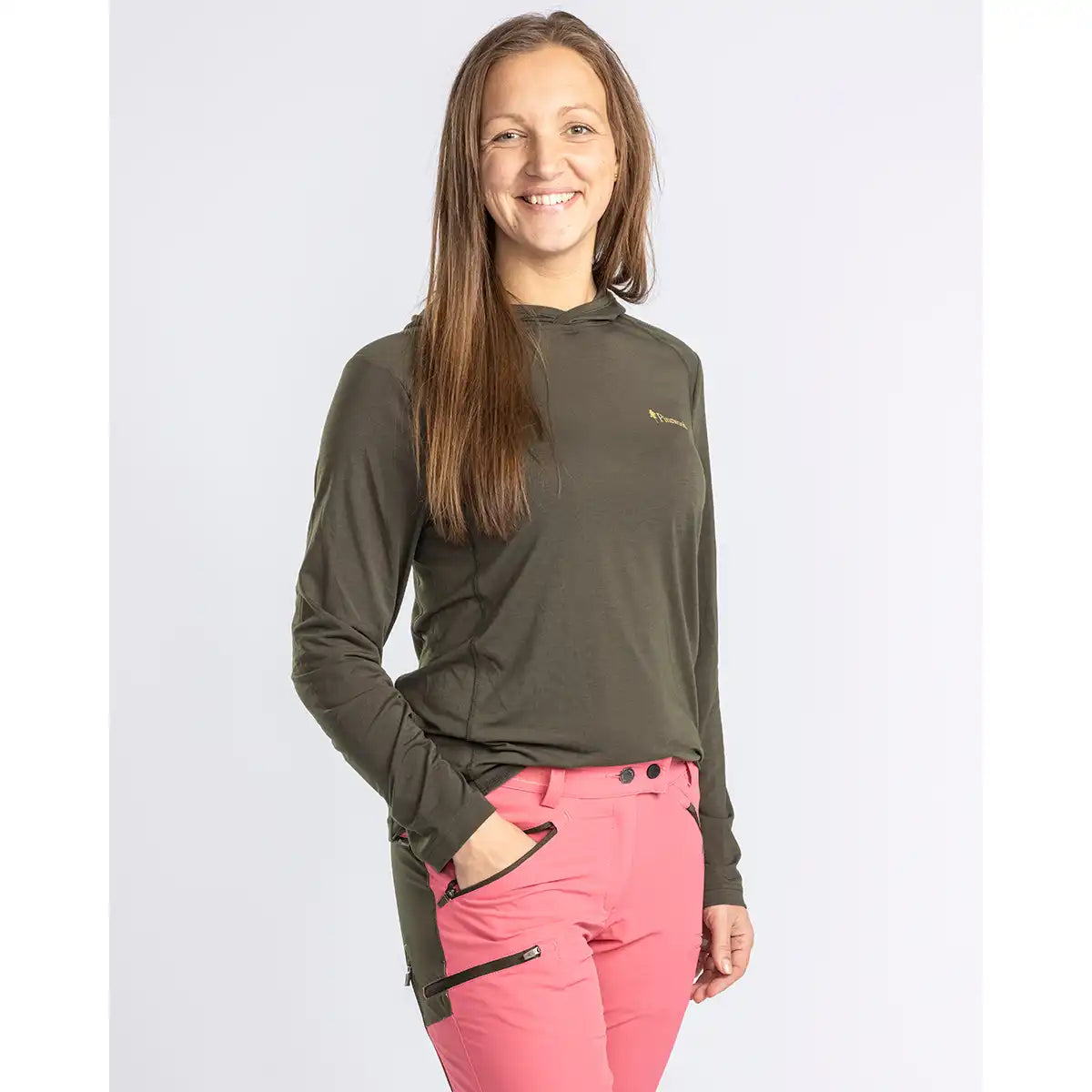 Pinewood InsectSafe Women's Function Hoodie- Moss Green- on model Pinewood InsectSafe Women's Function Hoodie- Moss Green- on model