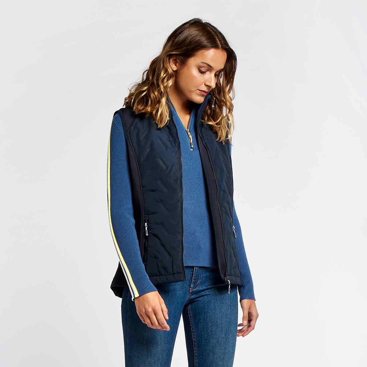 Dubarry Redbarn Performance Women's Gilet in Navy Blue front view on model Dubarry Redbarn Performance Women's Gilet in Navy Blue front view on model