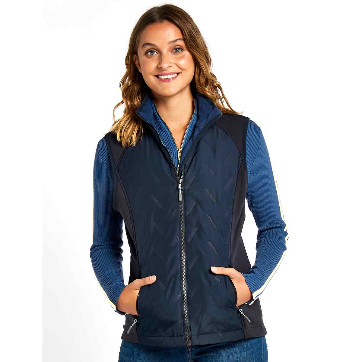 Dubarry Redbarn Performance Women's Gilet in Navy Blue front view on model Dubarry Redbarn Performance Women's Gilet in Navy Blue front view on model