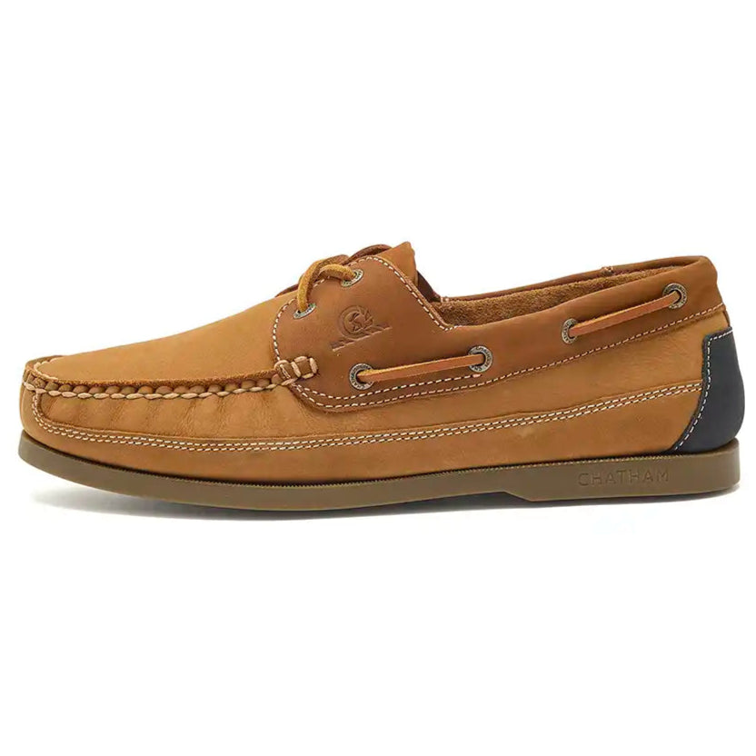 Chatham Boardwalk Men's Deck Shoes- Tan/Navy- left side view Chatham Boardwalk Men's Deck Shoes- Tan/Navy- left side view