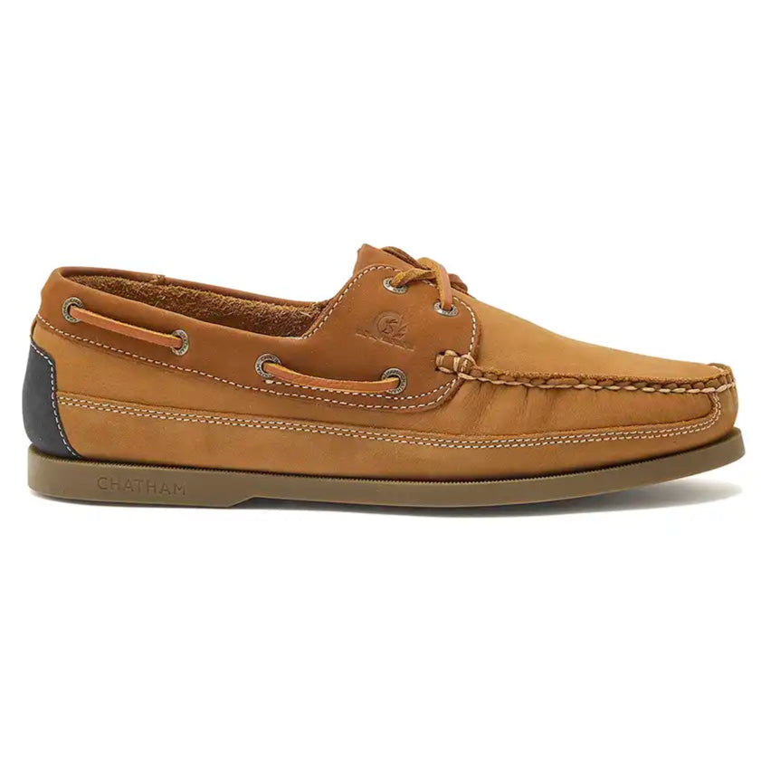 Chatham Boardwalk Men's Deck Shoes- Tan/Navy- right side view Chatham Boardwalk Men's Deck Shoes- Tan/Navy- right side view