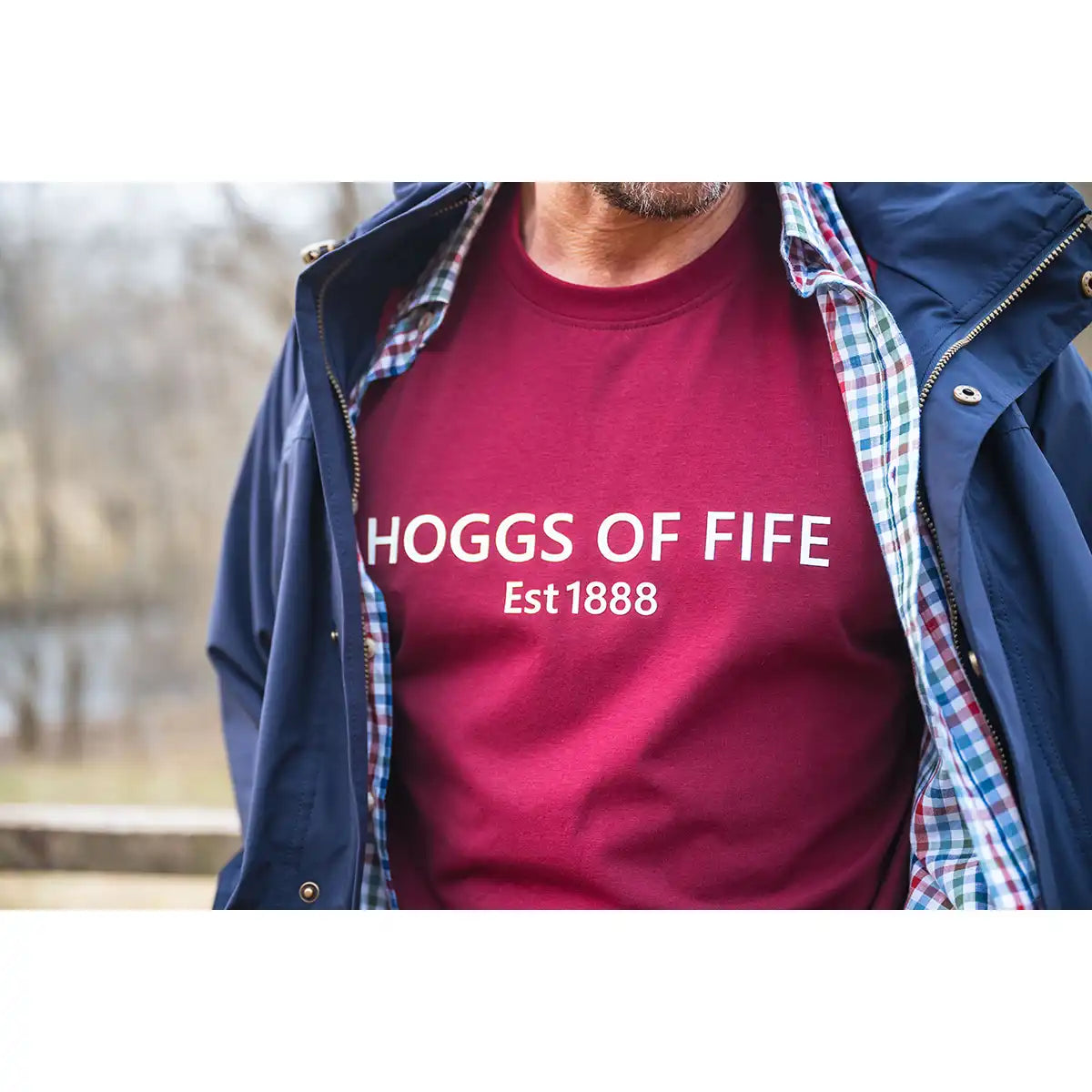 Hoggs of Fife Canonbie Printed T-Shirt - Worn by model with Aberdour Short Sleeve Shirt and Culloden Waterproof Jacket Hoggs of Fife Canonbie Printed T-Shirt - Worn by model with Aberdour Short Sleeve Shirt and Culloden Waterproof Jacket