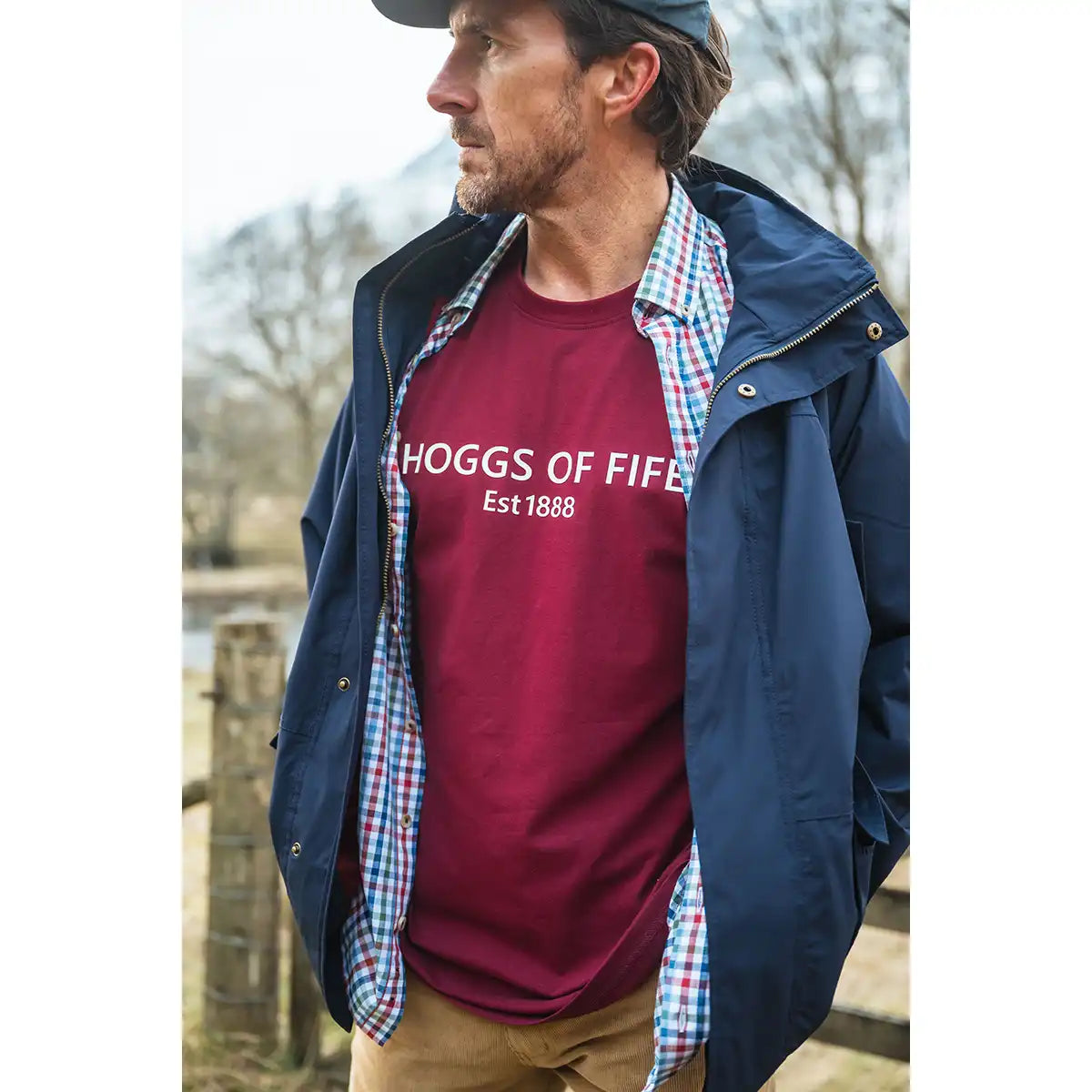 Hoggs of Fife Canonbie Printed T-Shirt - Worn by model with Aberdour Short Sleeve Shirt and Culloden Waterproof Jacket Hoggs of Fife Canonbie Printed T-Shirt - Worn by model with Aberdour Short Sleeve Shirt and Culloden Waterproof Jacket
