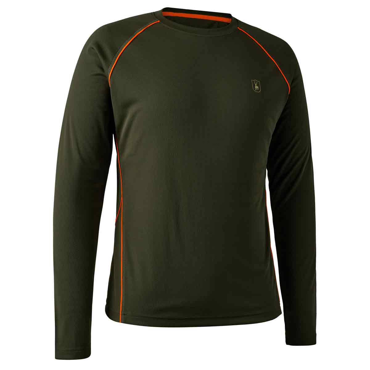 Deerhunter Chamois Long Sleeve T-Shirt, green with orange highlights, front view Deerhunter Chamois Long Sleeve T-Shirt, green with orange highlights, front view