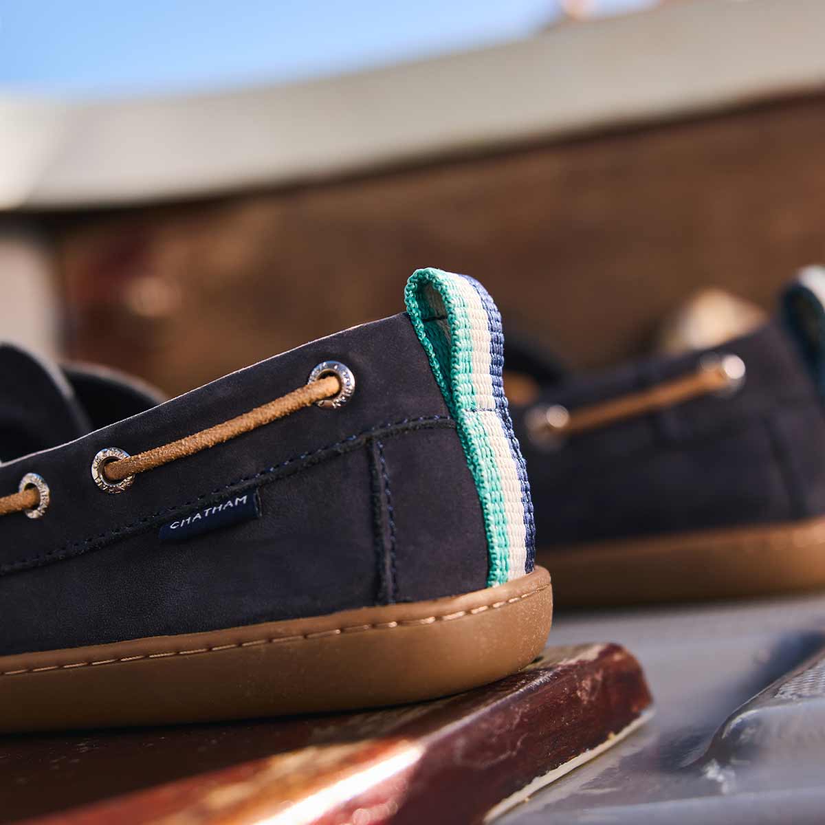 Chatham Eclipse Nubuck Barefoot Boat Shoes - Navy - Detail Chatham Eclipse Nubuck Barefoot Boat Shoes - Navy - Detail