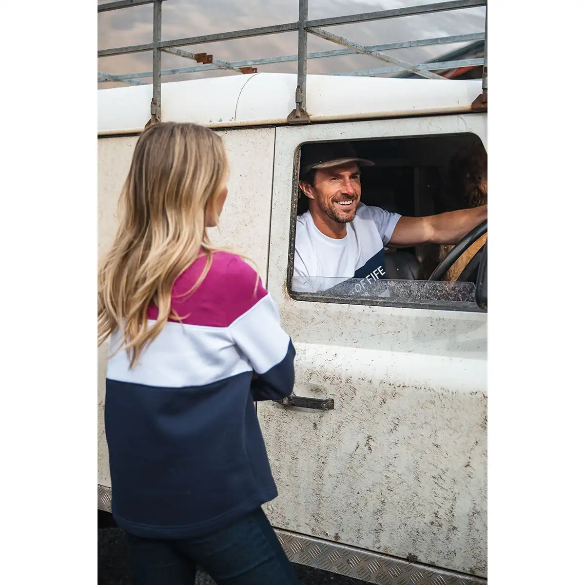 Hoggs of Fife Dumfries 1888 Ladies Quarter Zip Sweatshirt - Berry/White/Navy - On Model - Rear Hoggs of Fife Dumfries 1888 Ladies Quarter Zip Sweatshirt - Berry/White/Navy - On Model - Rear