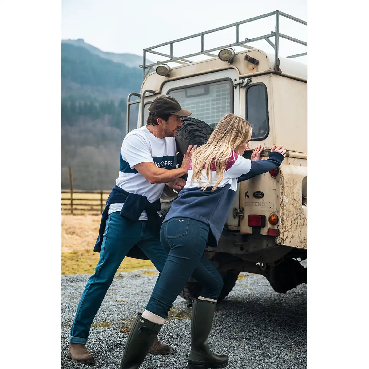 Hoggs of Fife Dee Ladies Stretch Denim Jeans - On model paired with Dumfries 1888 Ladies Quarter Zip Sweatshirt Hoggs of Fife Dee Ladies Stretch Denim Jeans - On model paired with Dumfries 1888 Ladies Quarter Zip Sweatshirt