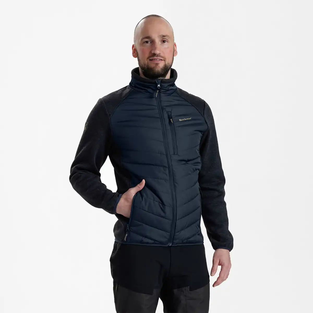 Deerhunter Moor Padded Jacket w.Knit Dark Blue - Worn by Model - Front Deerhunter Moor Padded Jacket w.Knit Dark Blue - Worn by Model - Front
