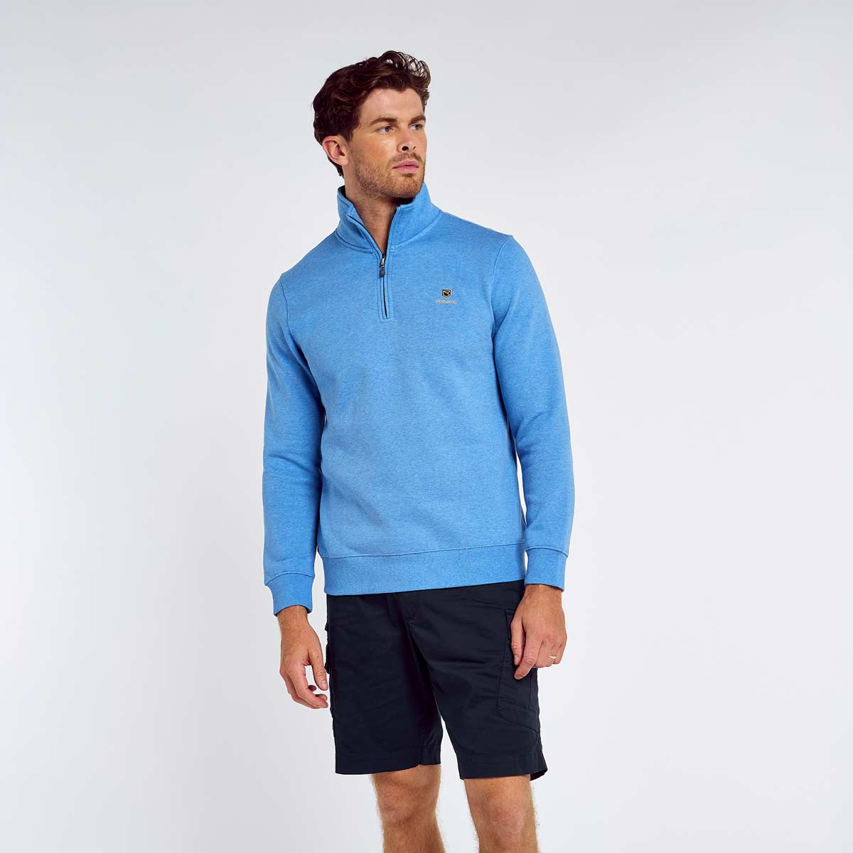 Dubarry Boyce Mens Zip Neck Sweater - Azure Blue - On Model Dubarry Boyce Mens Zip Neck Sweater - Azure Blue - On Model