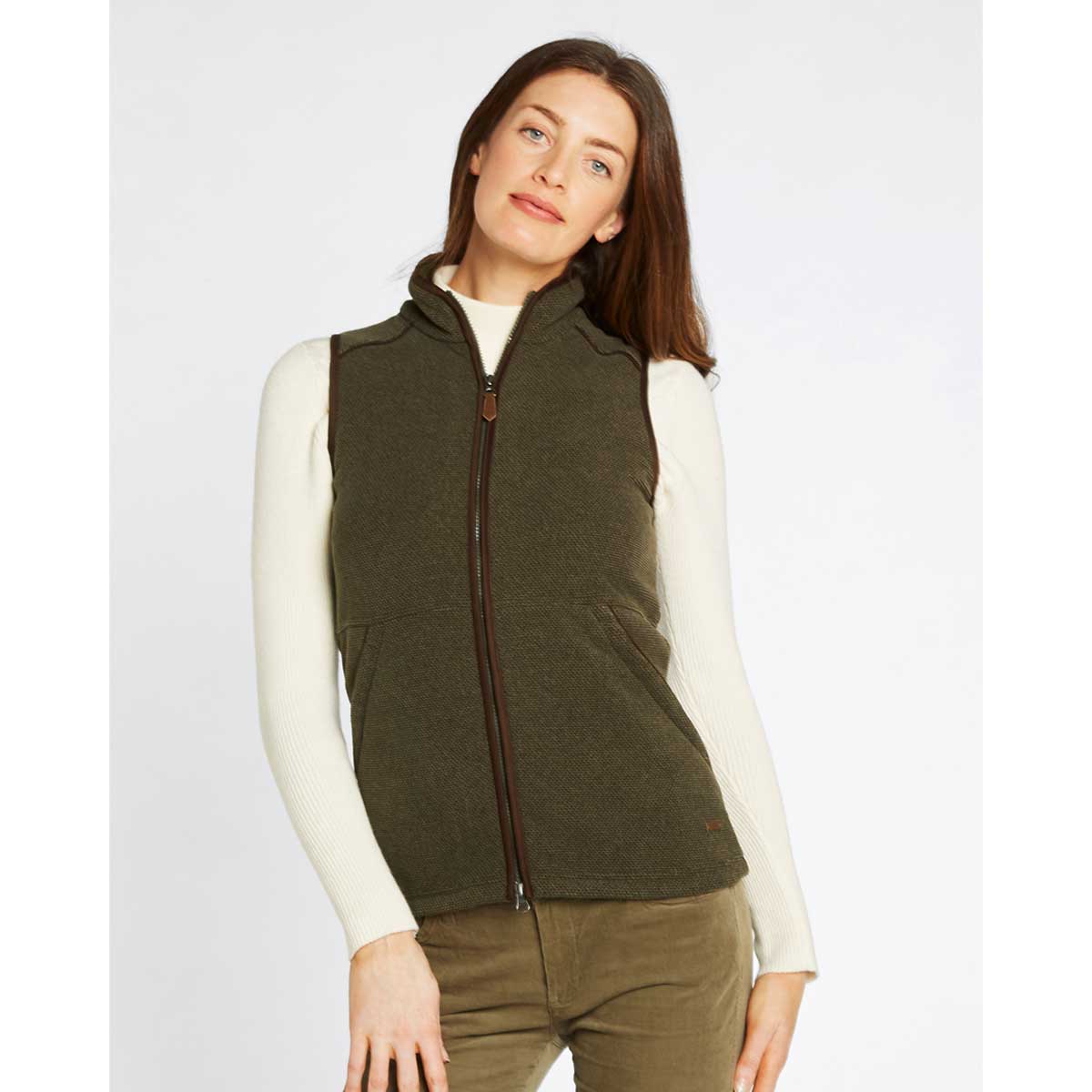 Dubarry Carbury Ladies Fleece Gilet - Olive on model Dubarry Carbury Ladies Fleece Gilet - Olive on model