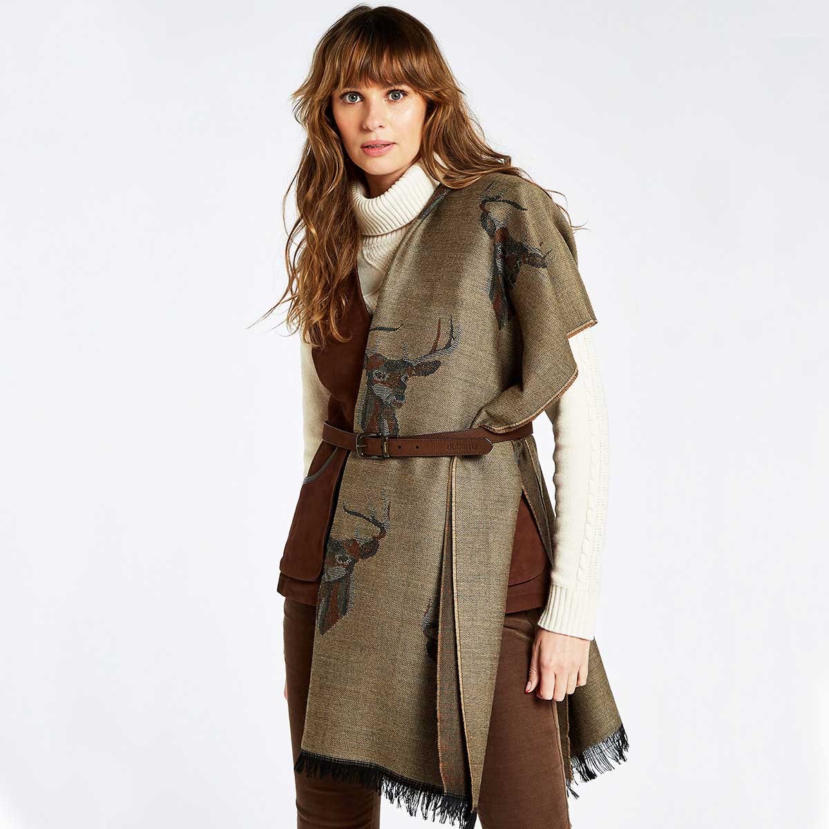 Dubarry Heatherbell Wool Stole - camel on model Dubarry Heatherbell Wool Stole - camel on model