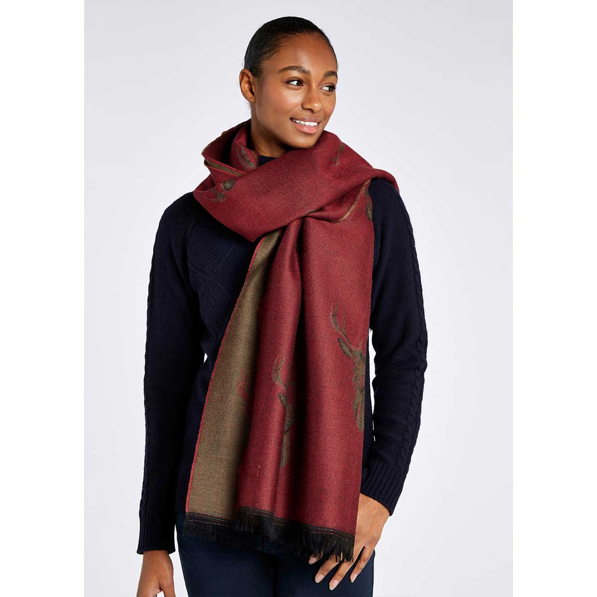 Dubarry Heatherbell Wool Stole - cardinal on model Dubarry Heatherbell Wool Stole - cardinal on model