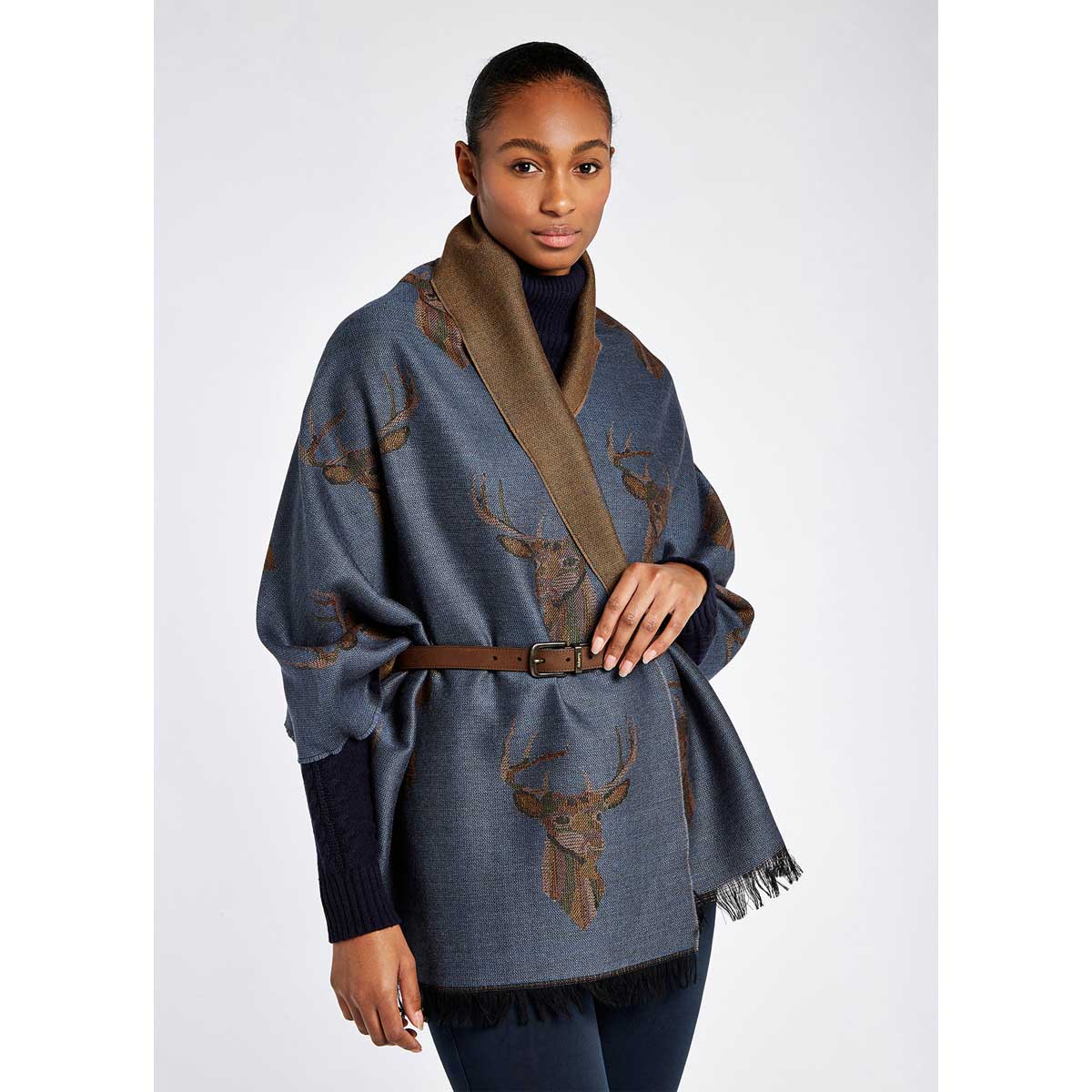 Dubarry Heatherbell Wool Stole - indigo on model Dubarry Heatherbell Wool Stole - indigo on model