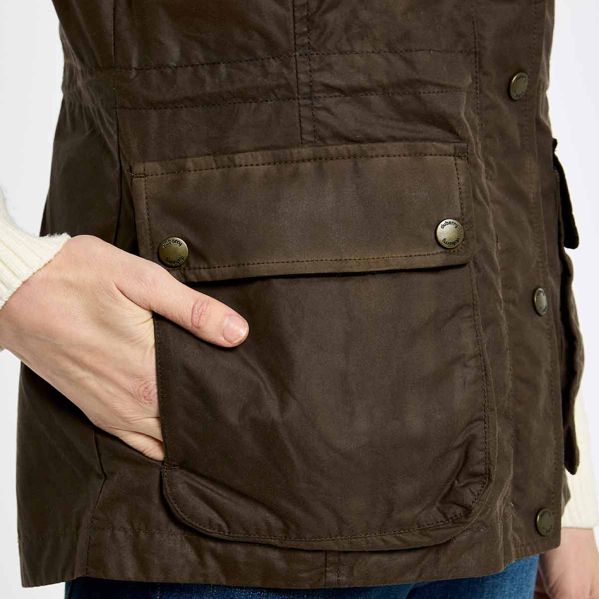 Dubarry Rathsallagh Women's Wax Cotton Gilet - Cafe - Pocket Dubarry Rathsallagh Women's Wax Cotton Gilet - Cafe - Pocket