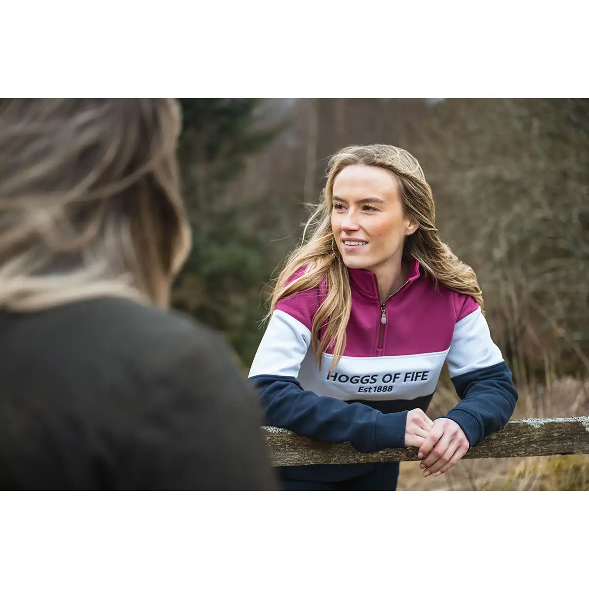 Hoggs of Fife Dumfries 1888 Ladies Quarter Zip Sweatshirt - Berry/White/Navy - On Model - Front Hoggs of Fife Dumfries 1888 Ladies Quarter Zip Sweatshirt - Berry/White/Navy - On Model - Front