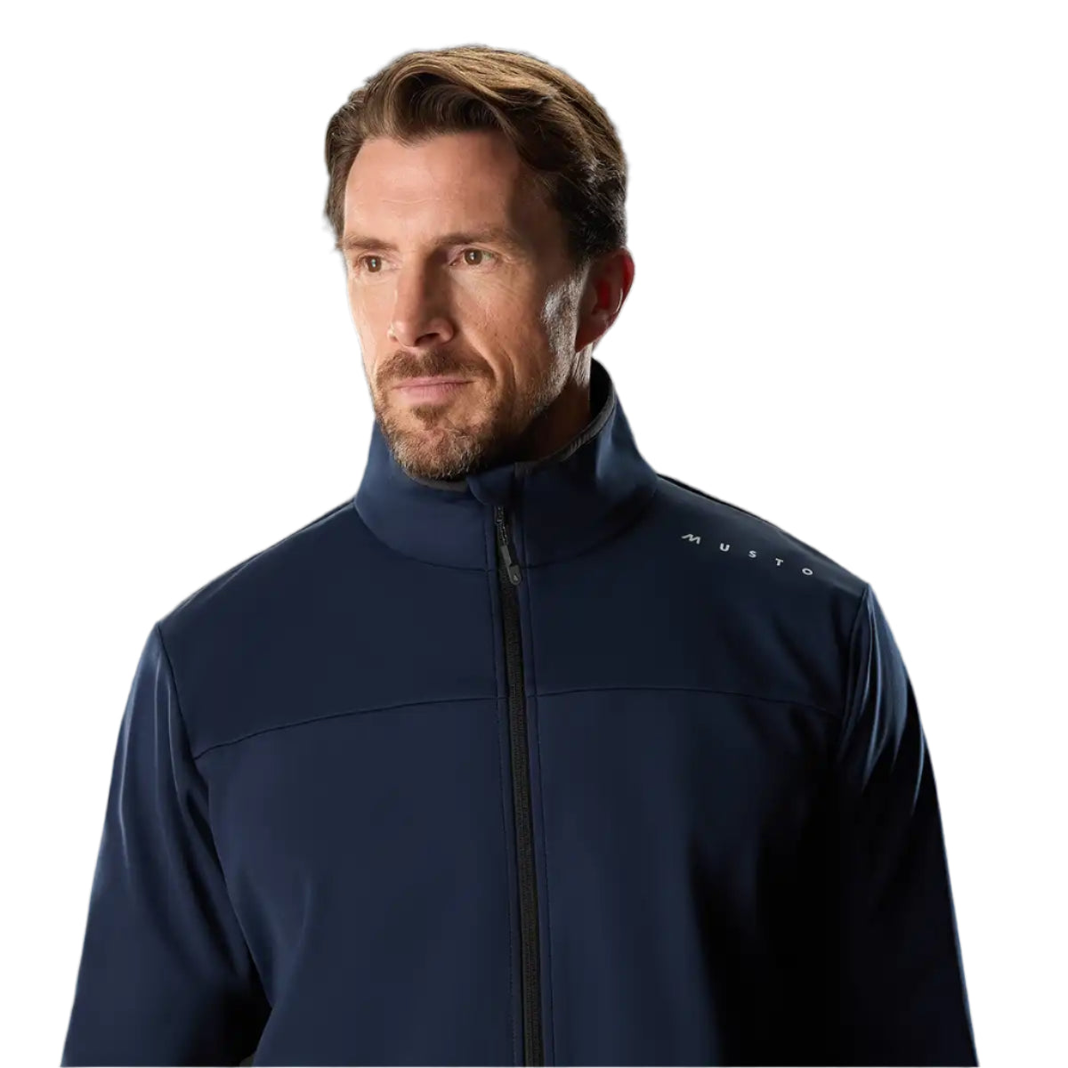 Musto Men's Evo Crew Softshell Jacket Navy - close up on model Musto Men's Evo Crew Softshell Jacket Navy - close up on model