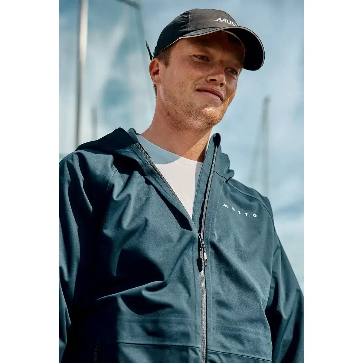 Musto Men's Evo Venture 3L Jacket Navy - close up lifestyle Musto Men's Evo Venture 3L Jacket Navy - close up lifestyle