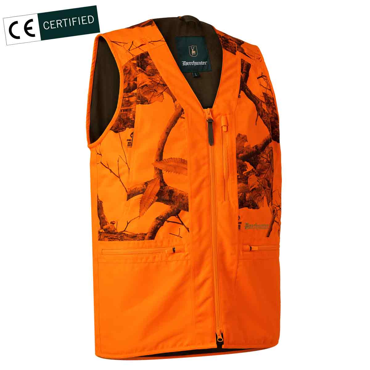 Deerhunter Eagle Waistcoat in RealTree Orange Camoflague, font view with CE Certified badge Deerhunter Eagle Waistcoat in RealTree Orange Camoflague, font view with CE Certified badge