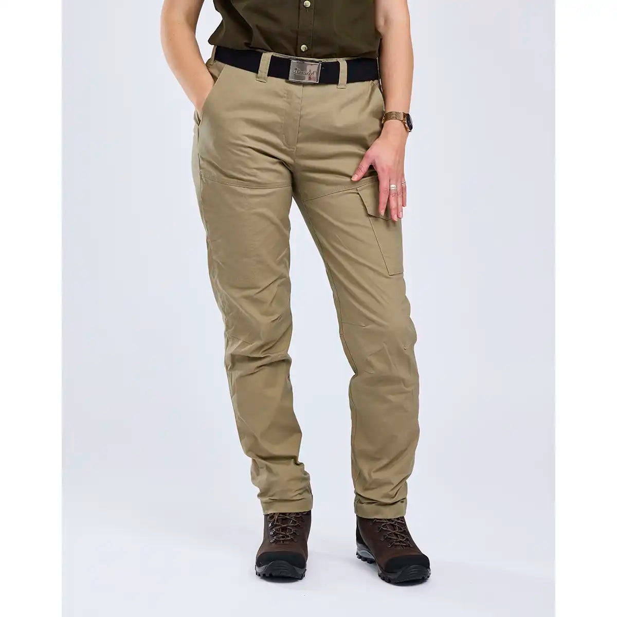 Pinewood Finnveden Women's Outdoor Trousers- Light Khaki- On Model- Front Pinewood Finnveden Women's Outdoor Trousers- Light Khaki- On Model- Front