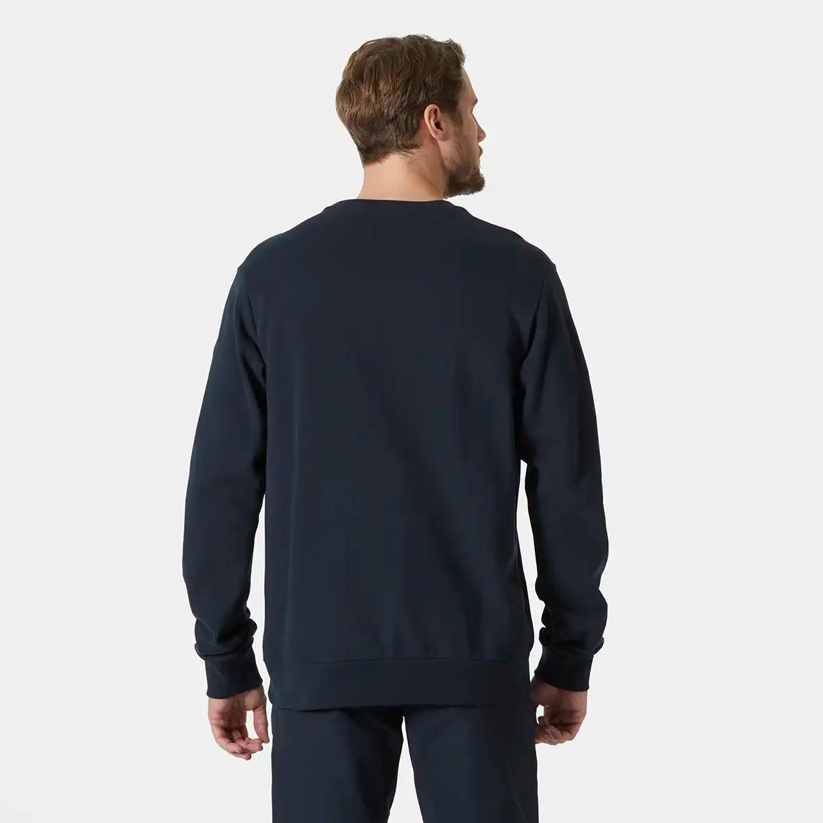 Helly Hansen HH Logo Crew Sweat 2.0- Navy - model back view Helly Hansen HH Logo Crew Sweat 2.0- Navy - model back view