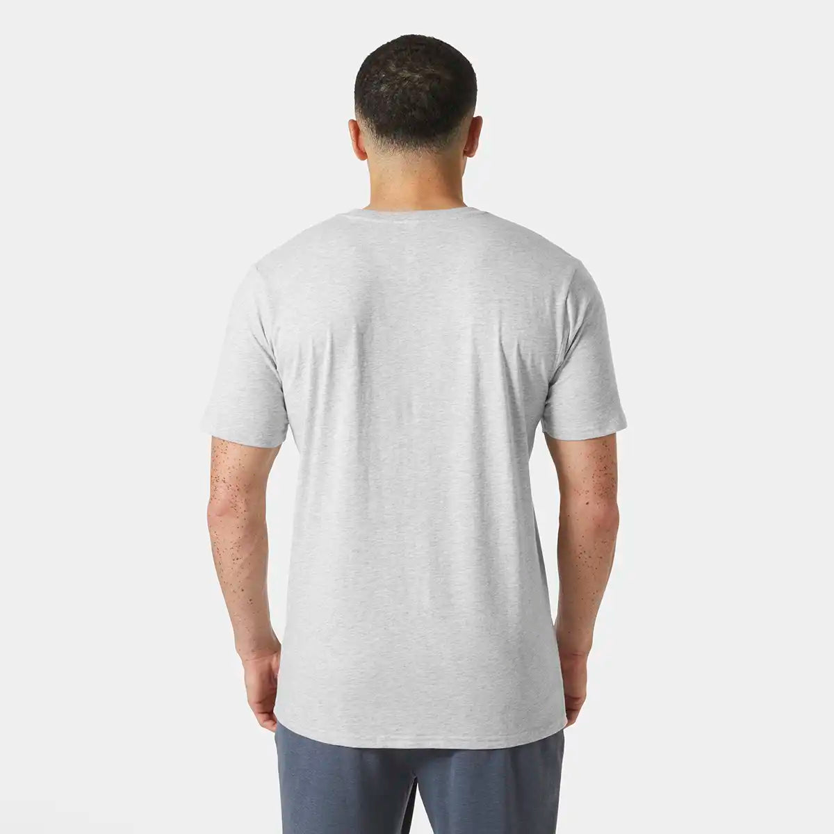 Helly Hansen HH Tech Logo T-Shirt- Grey Melange on model- back view Helly Hansen HH Tech Logo T-Shirt- Grey Melange on model- back view