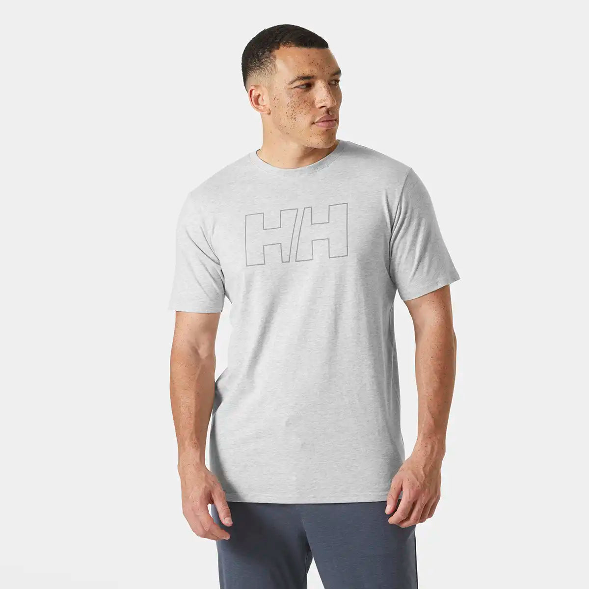Helly Hansen HH Tech Logo T-Shirt- Grey Melange on model Helly Hansen HH Tech Logo T-Shirt- Grey Melange on model
