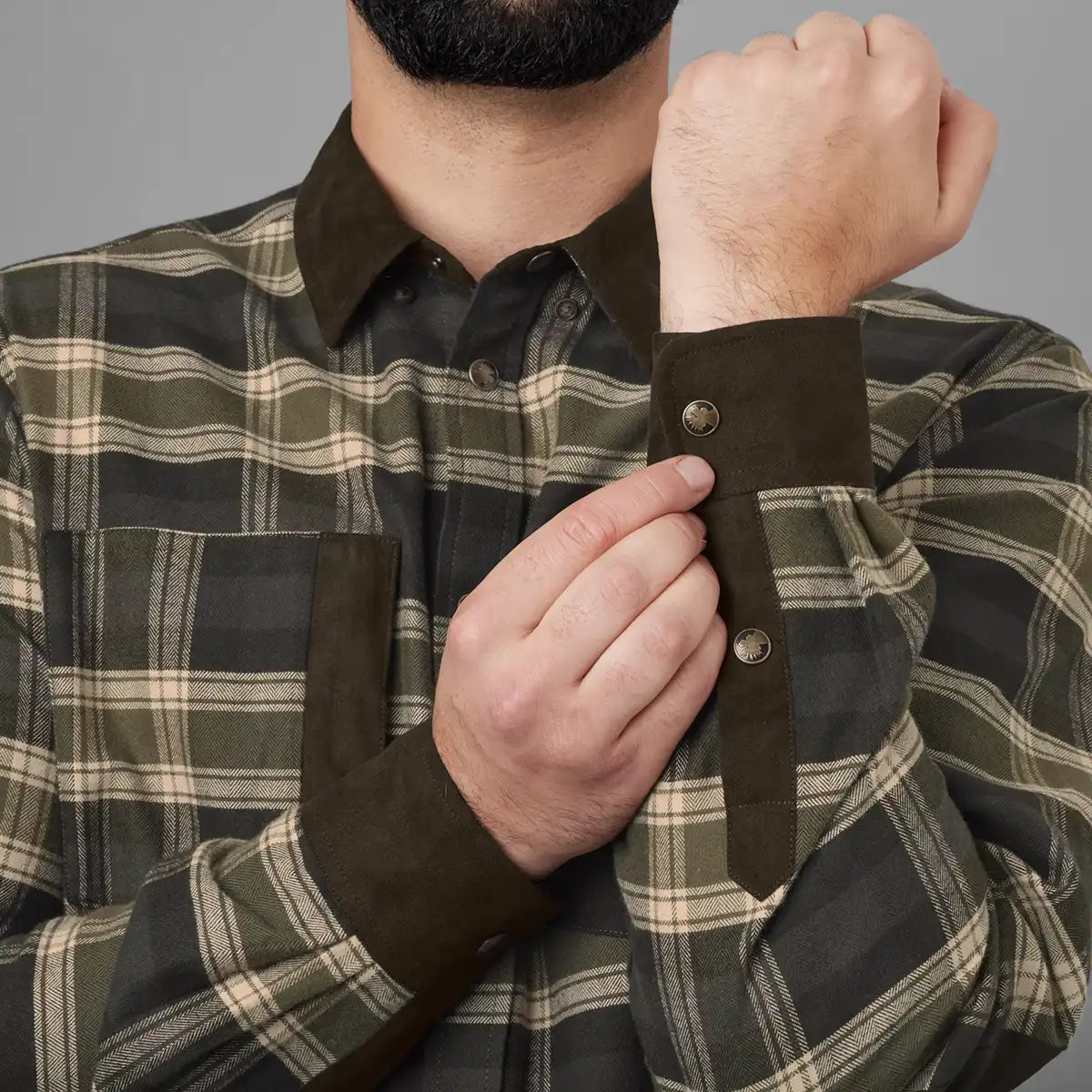 Harkila Aivak Long Sleeved Shirt - Olive - Worn By Model - Cuff Close Up Harkila Aivak Long Sleeved Shirt - Olive - Worn By Model - Cuff Close Up