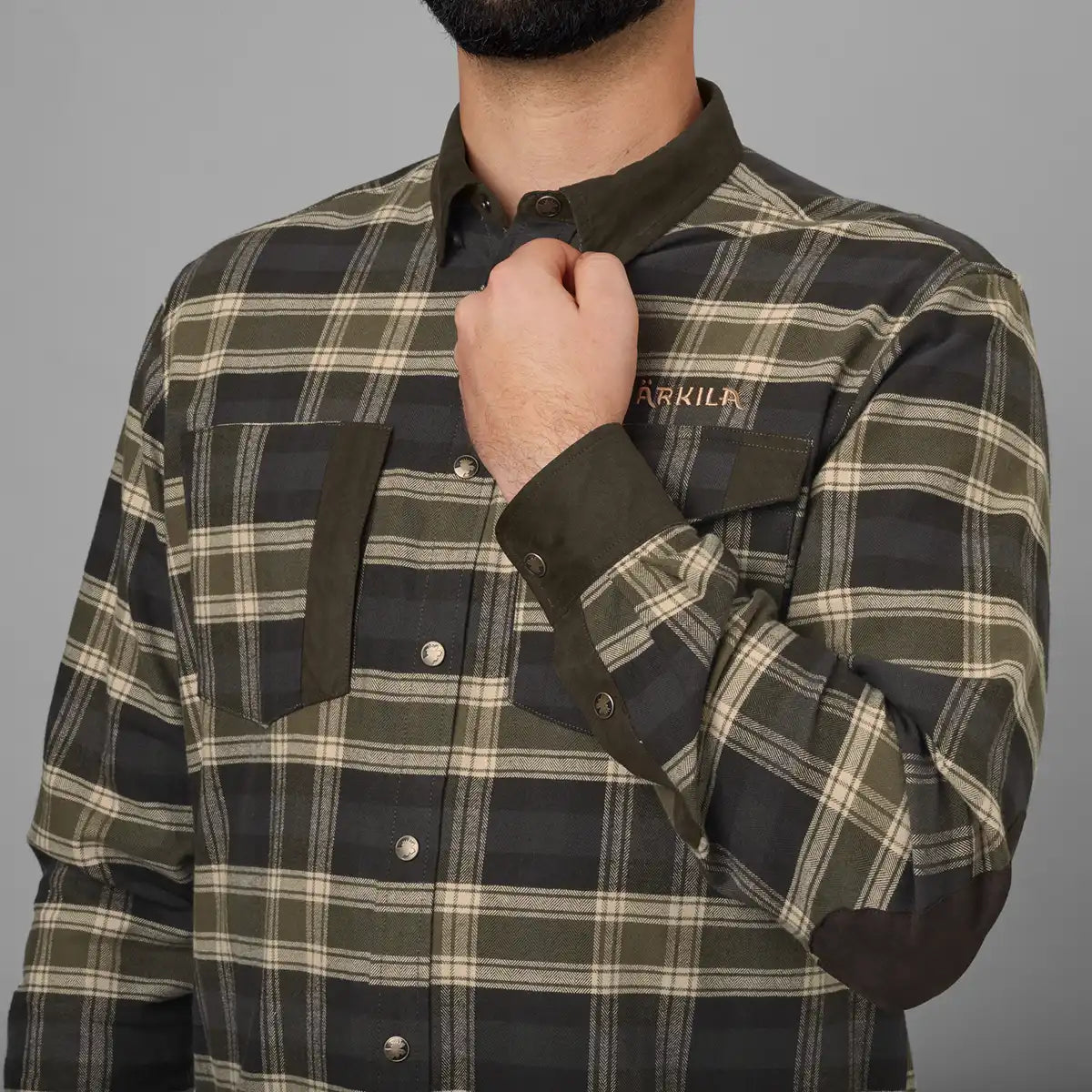 Harkila Aivak Long Sleeved Shirt - Olive - Worn By Model - Front Harkila Aivak Long Sleeved Shirt - Olive - Worn By Model - Front