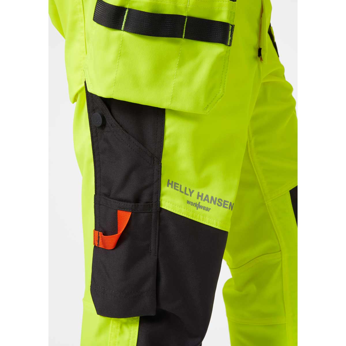 Helly Hansen Alna 2.0 Hi Vis Construction Bib Pockets Close Up Helly Hansen Alna 2.0 Hi Vis Construction Bib Pockets Close Up