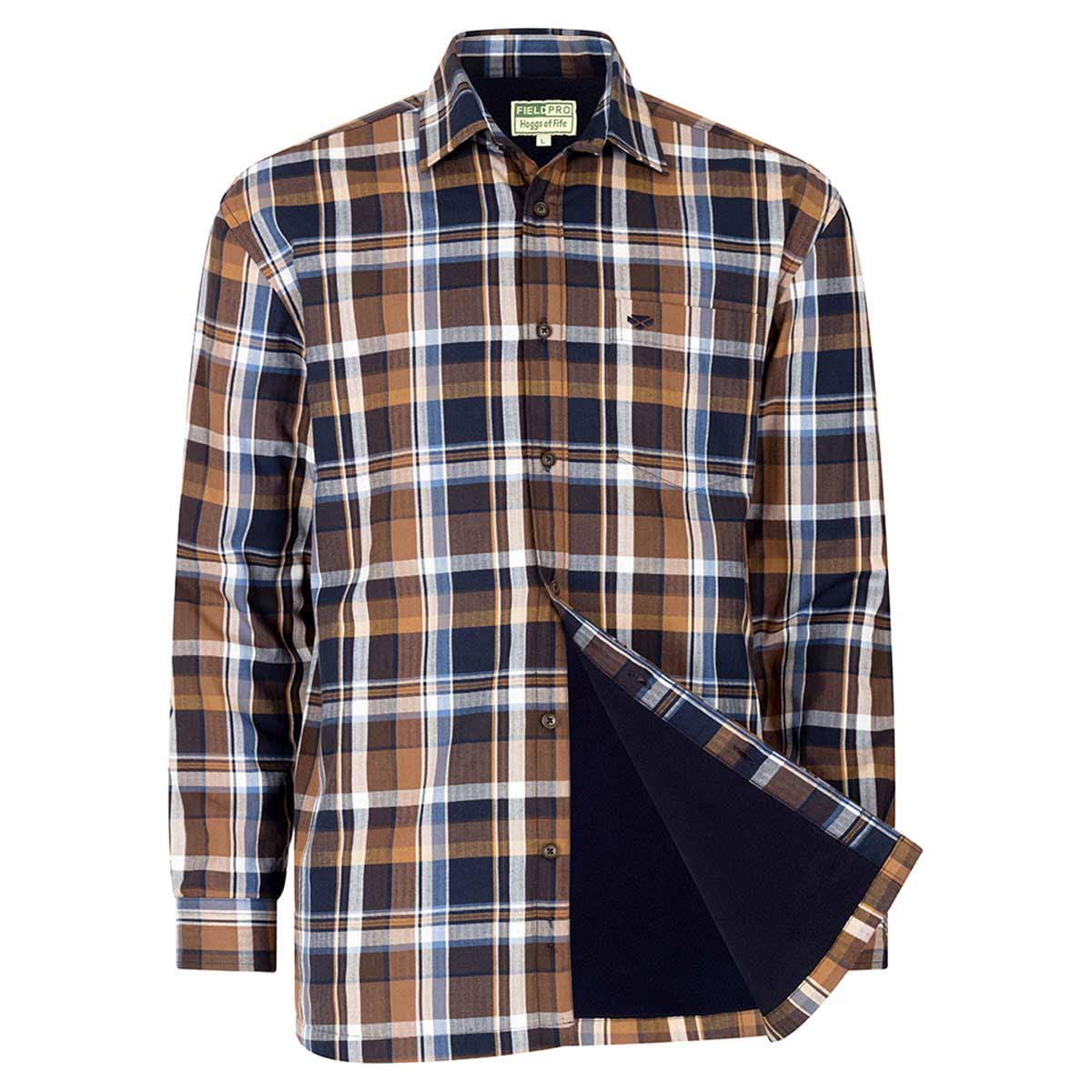 Hoggs of Fife Arran Micro-Fleece Lined Cotton Checked Shirt - Navy Brown Check - Front Open Hoggs of Fife Arran Micro-Fleece Lined Cotton Checked Shirt - Navy Brown Check - Front Open
