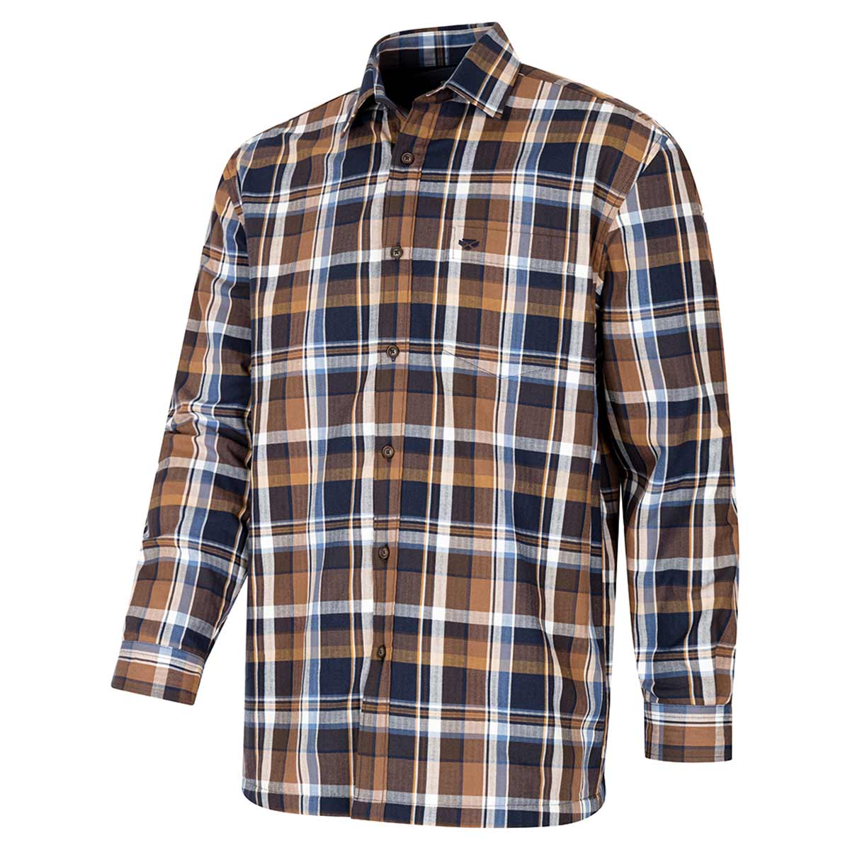 Hoggs of Fife Arran Micro-Fleece Lined Cotton Checked Shirt - Navy/Brown Check - Front Hoggs of Fife Arran Micro-Fleece Lined Cotton Checked Shirt - Navy/Brown Check - Front