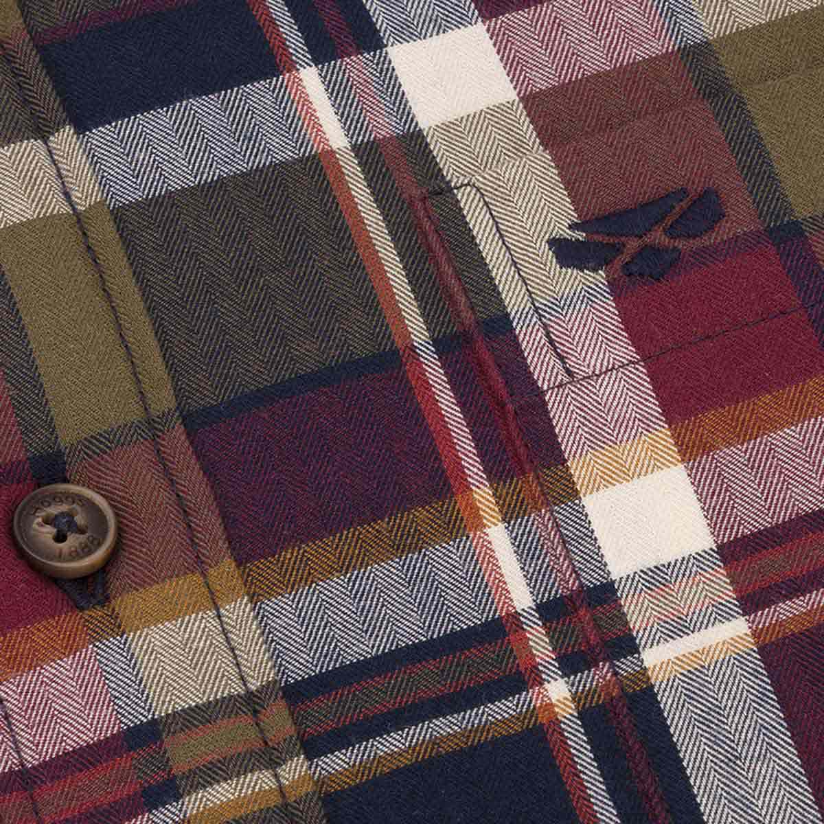 Hoggs of Fife Arran Micro-Fleece Lined Cotton Checked Shirt - Wine/Olive - Close Up Hoggs of Fife Arran Micro-Fleece Lined Cotton Checked Shirt - Wine/Olive - Close Up