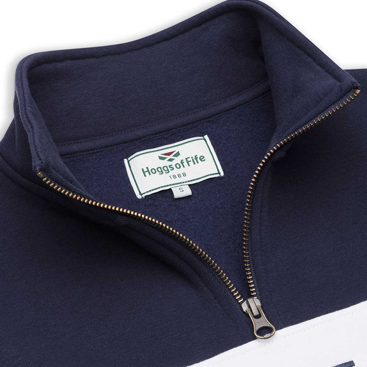 Hoggs of Fife Dumfries 1888 Quarter Zip Sweatshirt - Navy/White - Neck Detail Hoggs of Fife Dumfries 1888 Quarter Zip Sweatshirt - Navy/White - Neck Detail