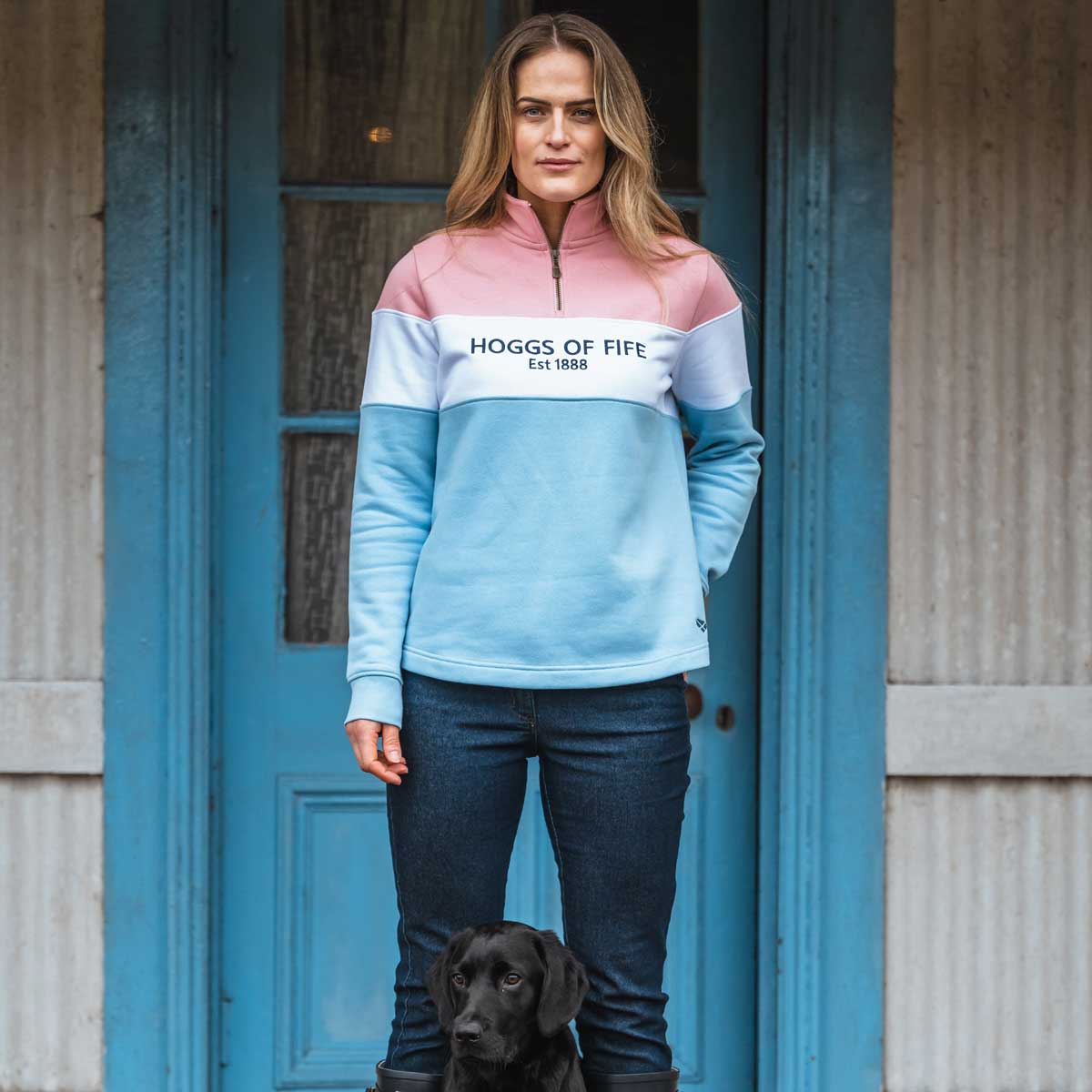 Hoggs of Fife Dumfries Ladies 1888 Quarter Zip Sweatshirt - Pink/White/Blue on model Hoggs of Fife Dumfries Ladies 1888 Quarter Zip Sweatshirt - Pink/White/Blue on model