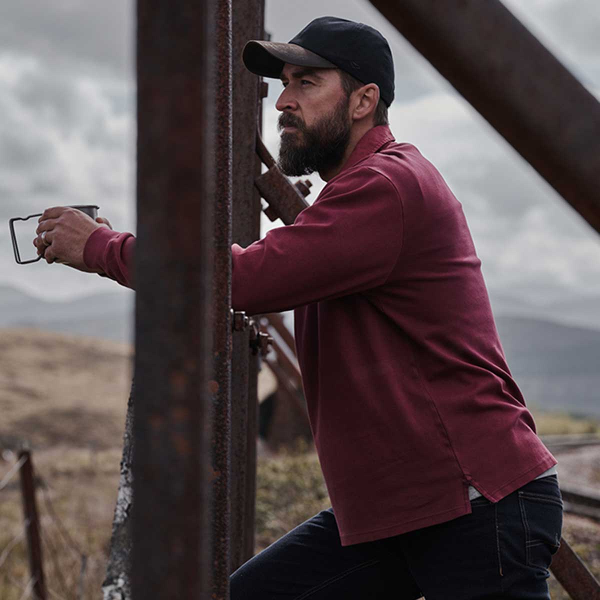 Hoggs of Fife Heriot Long Sleeve Rugby Shirt - Merlot - On Model Hoggs of Fife Heriot Long Sleeve Rugby Shirt - Merlot - On Model