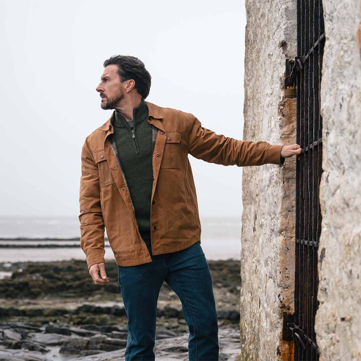 Hoggs of Fife Huntly Waxed Canvas Utility Overshirt - Caramel - Model Hoggs of Fife Huntly Waxed Canvas Utility Overshirt - Caramel - Model