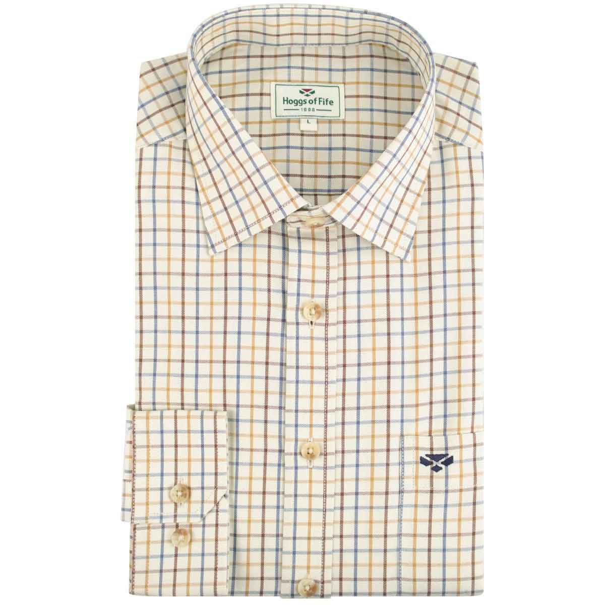 Hoggs of Fife Inverness Cotton Tattersall Shirt - brown/gold/navy folded Hoggs of Fife Inverness Cotton Tattersall Shirt - brown/gold/navy folded