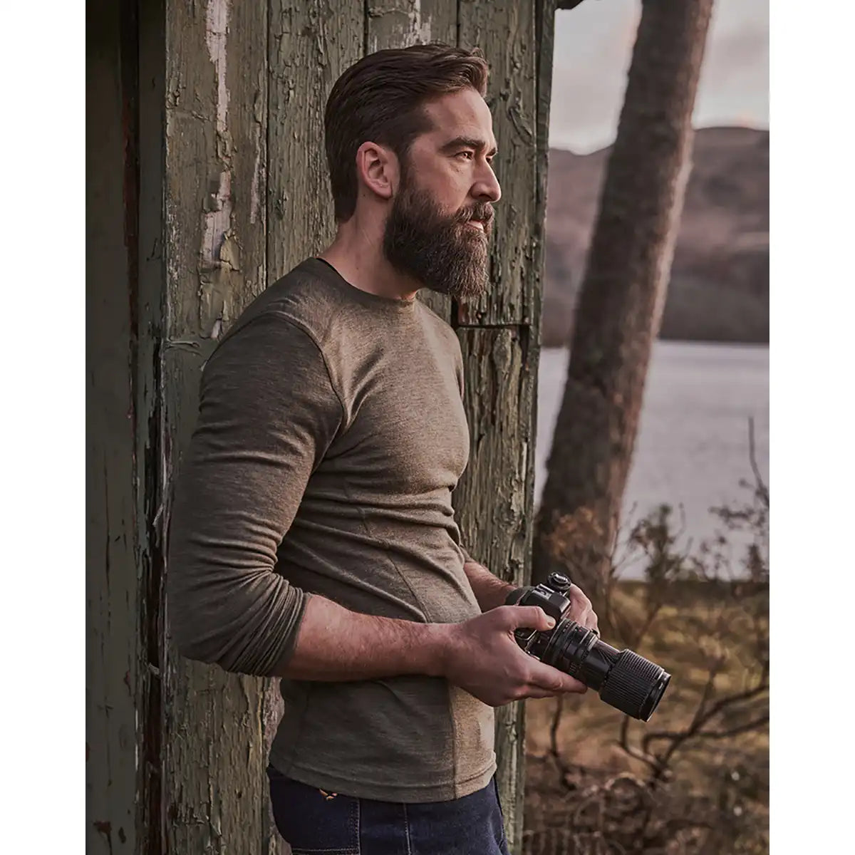 Hoggs of Fife 100% Merino Wool Crew Neck Long Sleeve Base Layer - Green - on Model Hoggs of Fife 100% Merino Wool Crew Neck Long Sleeve Base Layer - Green - on Model