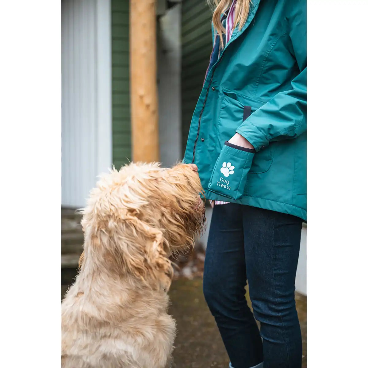 Hoggs of Fife Fara Waterproof Ladies Jacket - Teal - On Model Showing Treat Pouch Hoggs of Fife Fara Waterproof Ladies Jacket - Teal - On Model Showing Treat Pouch