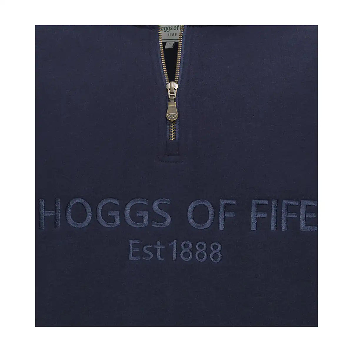 Hoggs of Fife Galloway 1888 Plain 1/4 Zip Sweatshirt - Navy - Logo Close Up Hoggs of Fife Galloway 1888 Plain 1/4 Zip Sweatshirt - Navy - Logo Close Up