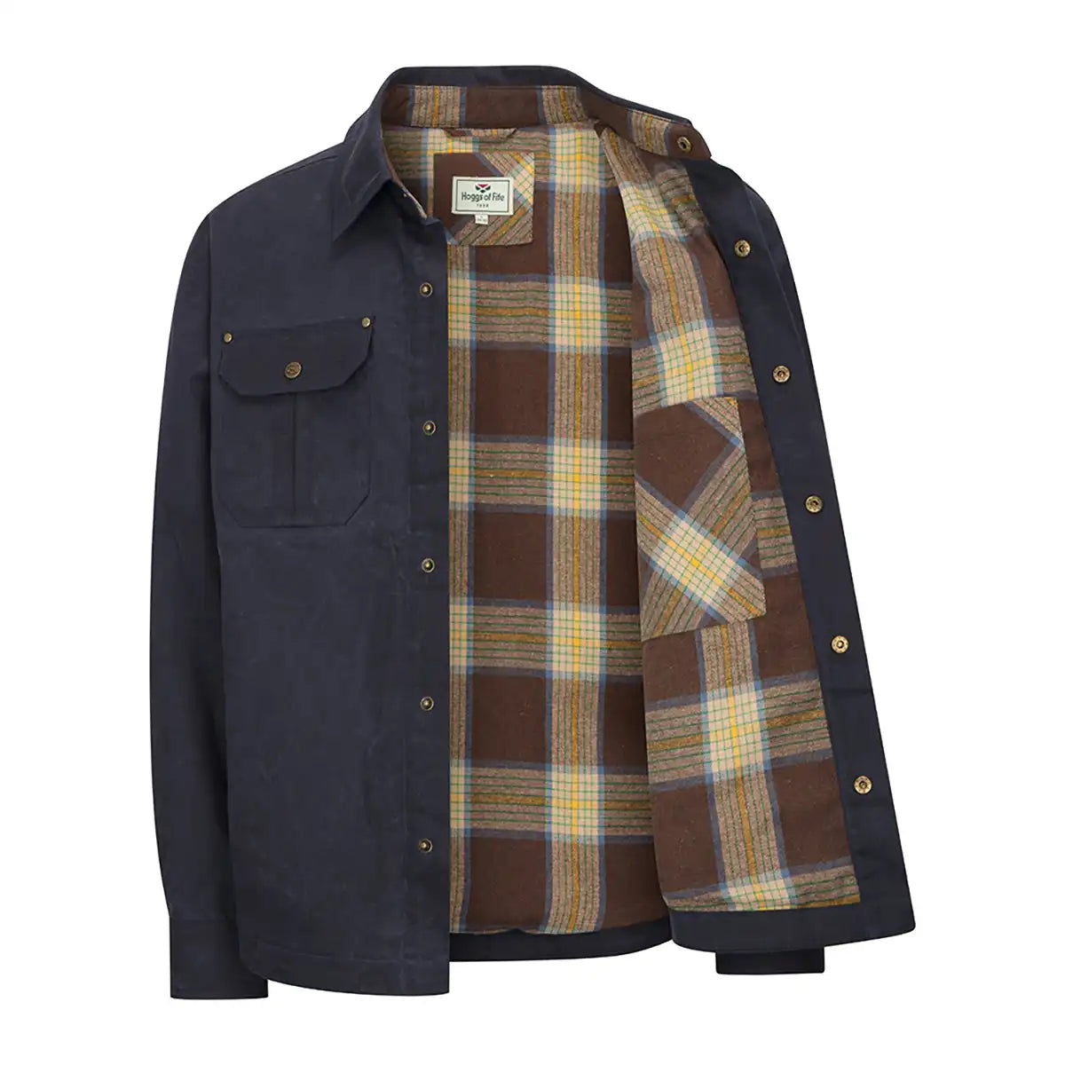Hoggs of Fife Huntly Waxed Canvas Utility Overshirt - Navy - Front Open Showing Lining Hoggs of Fife Huntly Waxed Canvas Utility Overshirt - Navy - Front Open Showing Lining