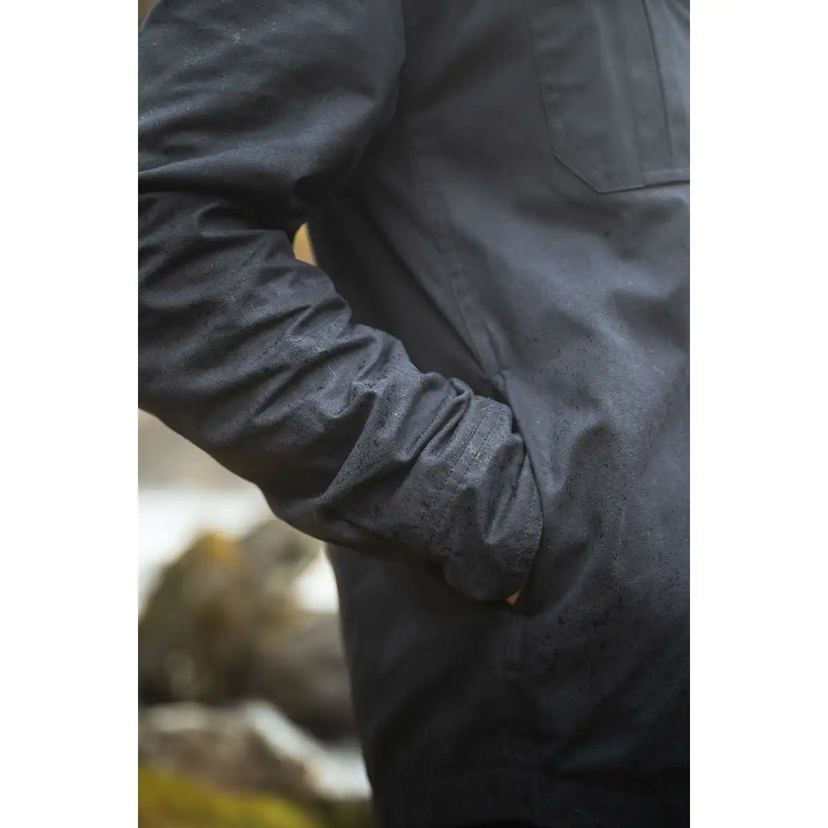 Hoggs of Fife Huntly Waxed Canvas Utility Overshirt - Midnight Navy - Sleeve and Cuff Close Up Hoggs of Fife Huntly Waxed Canvas Utility Overshirt - Midnight Navy - Sleeve and Cuff Close Up