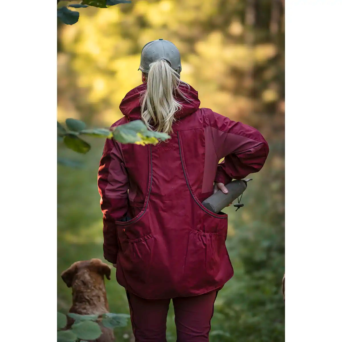 Pinewood Dog Sports Womens Trainer Jacket- Dark Tomato/Dark Red- rear pocket storage Pinewood Dog Sports Womens Trainer Jacket- Dark Tomato/Dark Red- rear pocket storage