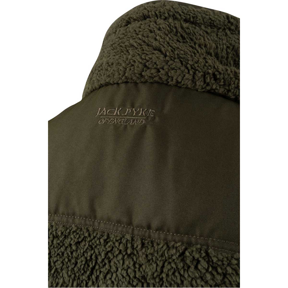 Jack Pyke Sherpa Fleece Gilet - dark olive logo detail Jack Pyke Sherpa Fleece Gilet - dark olive logo detail