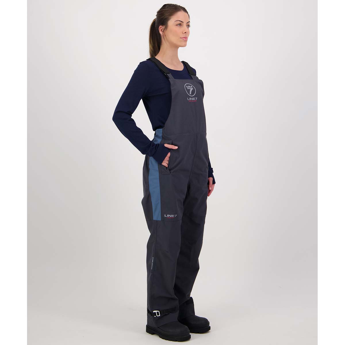 Line 7 Storm Armour10 Women's Waterproof 2 Layer Bib Overtrousers - On Model - Pockets Line 7 Storm Armour10 Women's Waterproof 2 Layer Bib Overtrousers - On Model - Pockets