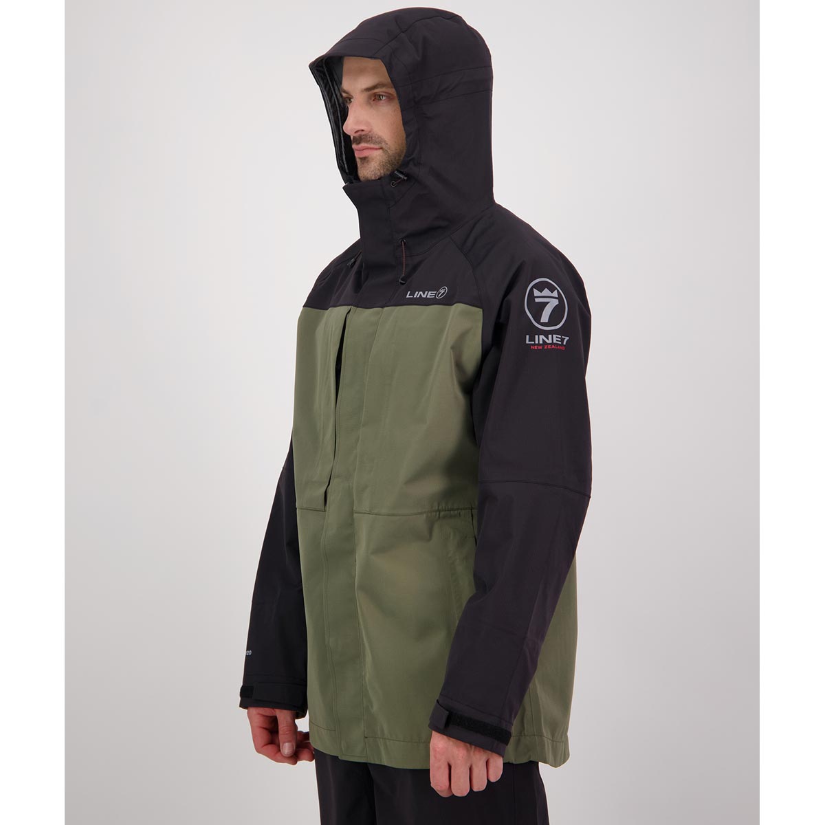 Line 7 Territory Storm Pro20 Waterproof 3 Layer Jacket - Moss - Hood up Line 7 Territory Storm Pro20 Waterproof 3 Layer Jacket - Moss - Hood up