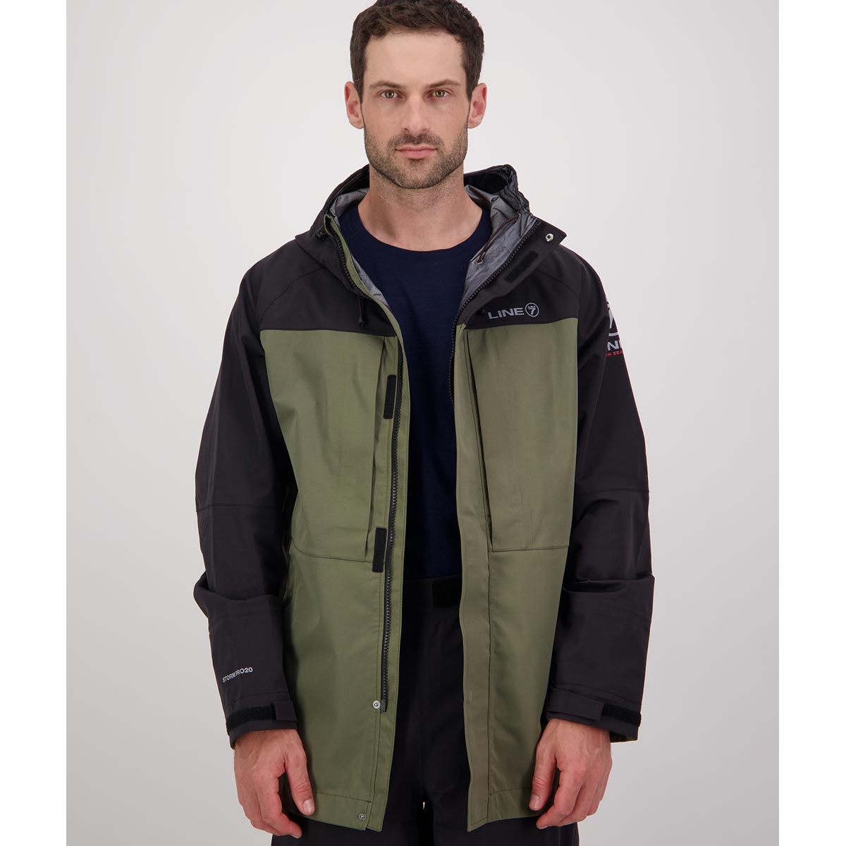 Line 7 Territory Storm Pro20 Waterproof 3 Layer Jacket - Moss -Front open Line 7 Territory Storm Pro20 Waterproof 3 Layer Jacket - Moss -Front open