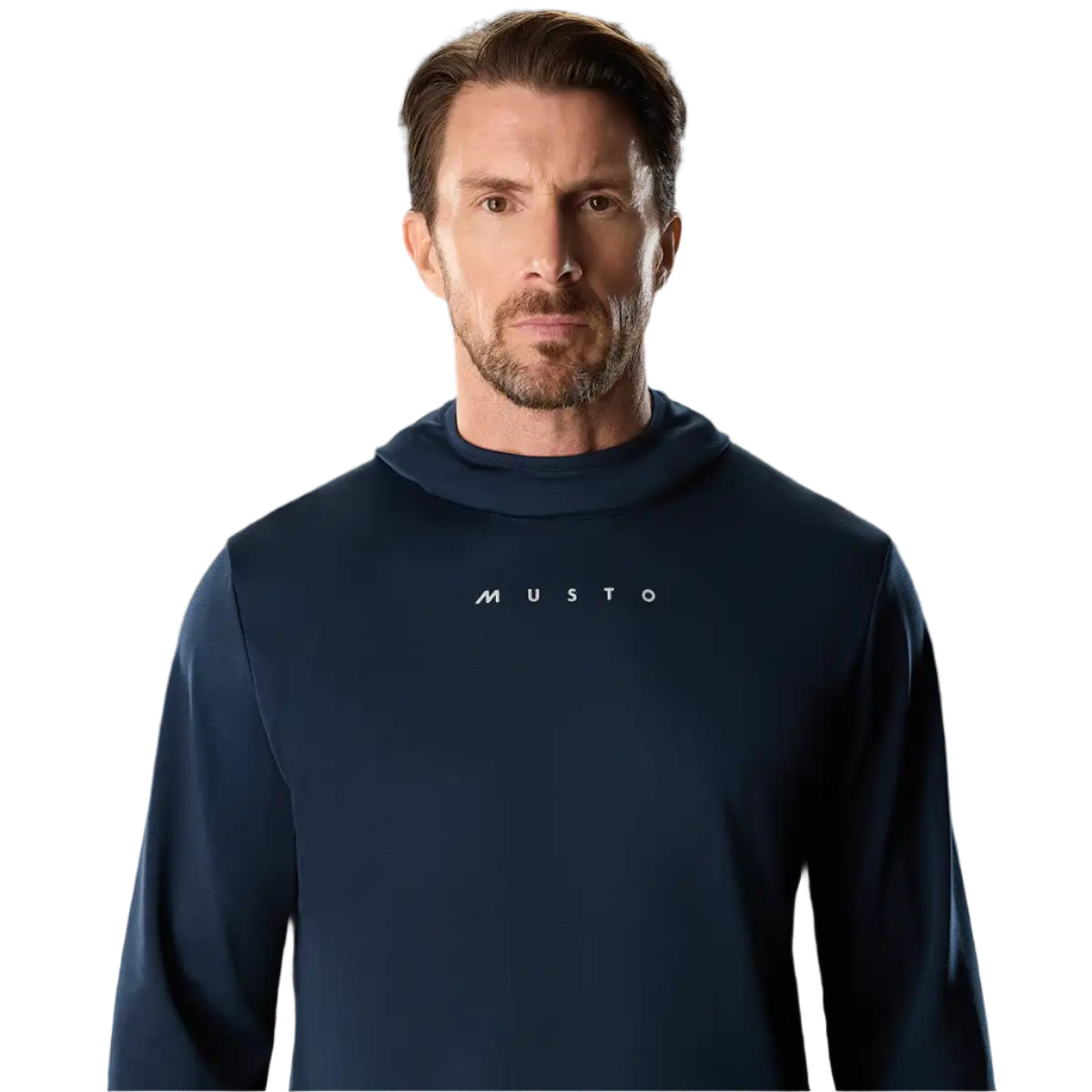 Musto Men’s Evo Crew Sunblock Hoodie Navy- chest detail Musto Men’s Evo Crew Sunblock Hoodie Navy- chest detail