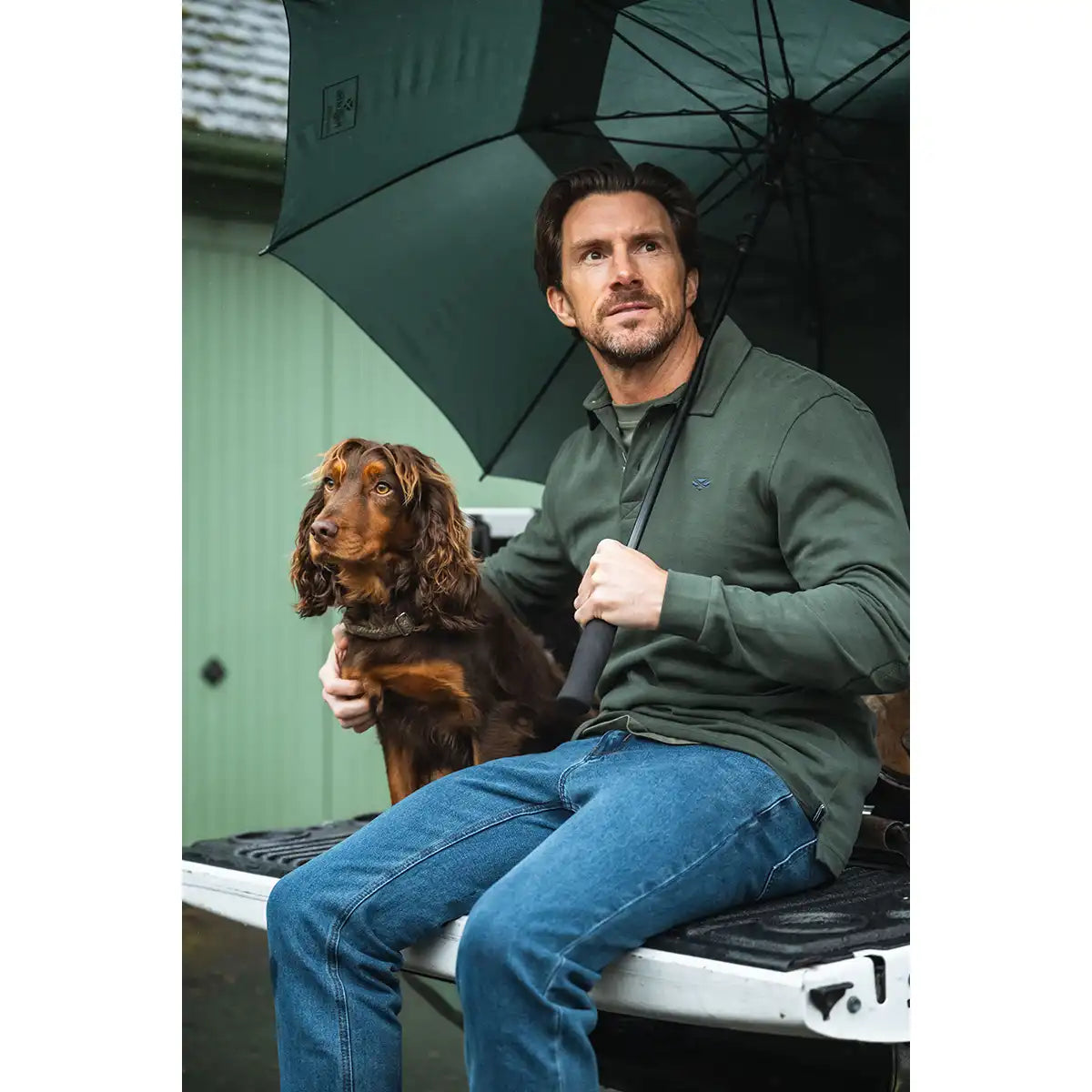 Hoggs of Fife Moffat Long Sleeve Rugby Shirt - Forest - Worn By Model Hoggs of Fife Moffat Long Sleeve Rugby Shirt - Forest - Worn By Model